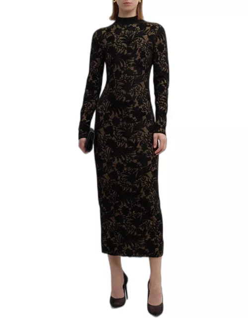 Floral Jacquard Knit Mock-Neck Long-Sleeve Midi Dres