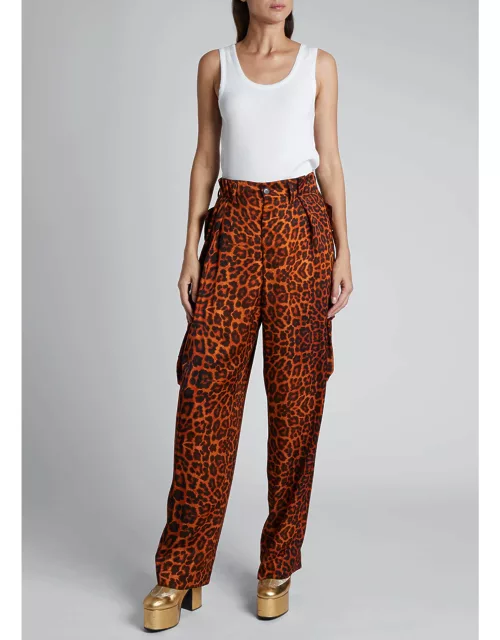 High-Rise Pleated Leopard Cargo Pant