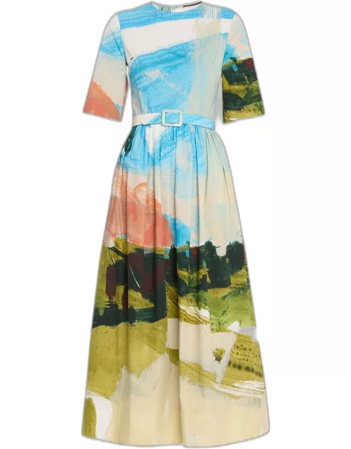 Abstract Landscape Print Flared Midi Dress with Removable Belt