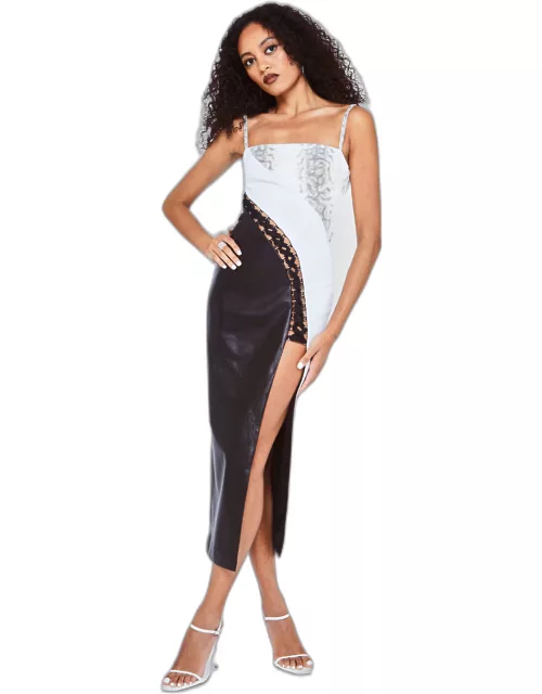 ROGUE SLIT LACE UP MAXI DRESS PATCHED SNAKE PRINT