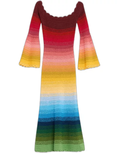 Off-Shoulder Rainbow Ombre Crochet Knit Midi Dres