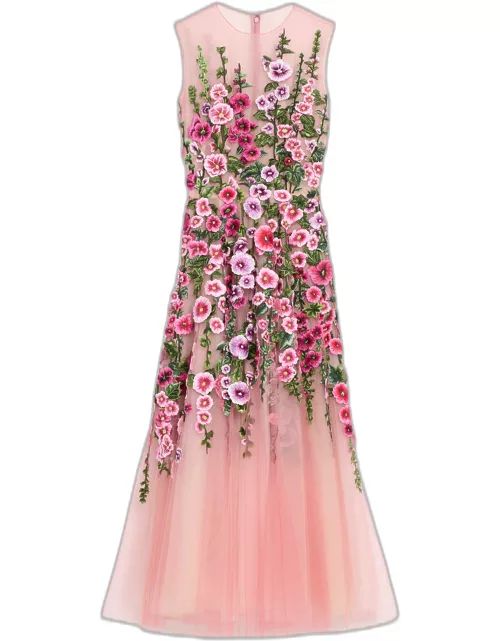 Floral-Embroidered Tulle Dres