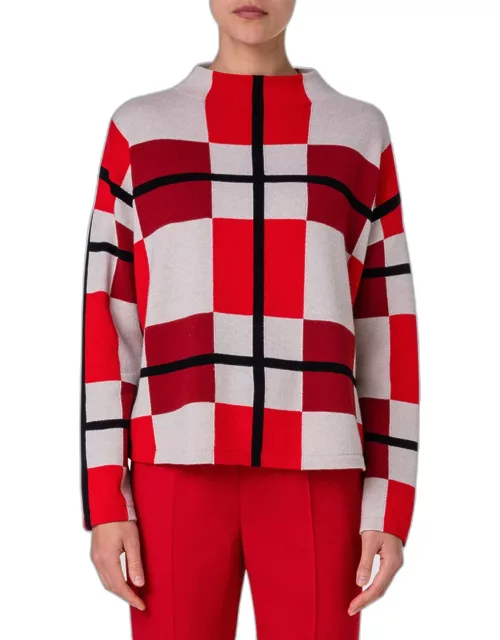 XL Cube Check Funnel-Neck Wool-Cashmere Sweater