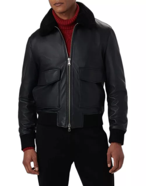 Men's Shearling-Collar Leather Bomber Jacket