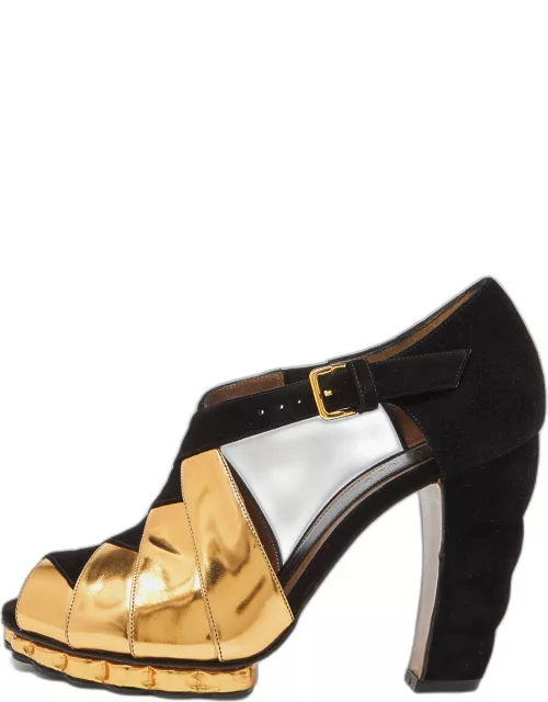 Marni Black/Gold Suede and Leather Peep Toe Platform Sandal