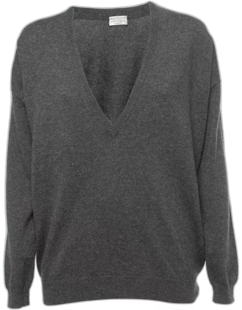 Brunello Cucinelli Charcoal Grey Cashmere V-Neck Sweater