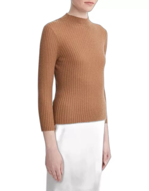 3/4-Sleeve Ribbed Cashmere and Silk Mock-Neck Sweater