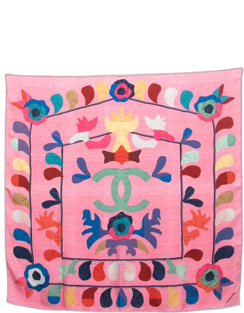 Chanel Pink Watercolor Logo Printed Silk Square Scarf