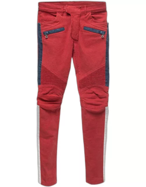 Balmain Red Denim Quilted Skinny Jeans M Waist 27"