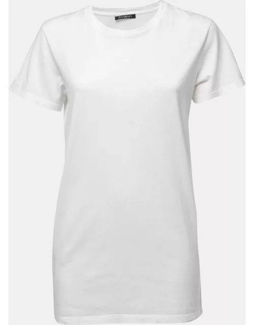Balmain White Cotton Knit Distressed Detail T-Shirt