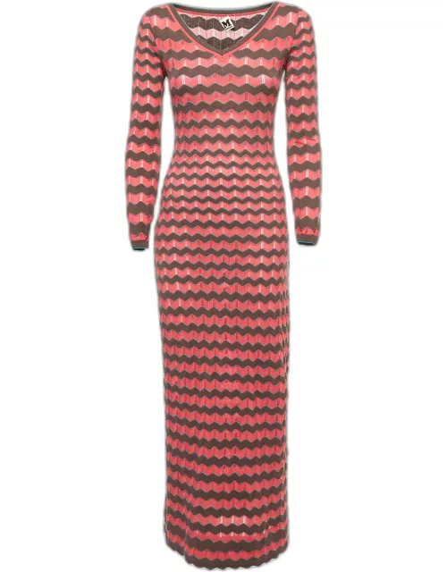 M Missoni Pink/Multicolor Patterned Knit Long Sleeve Maxi Dress