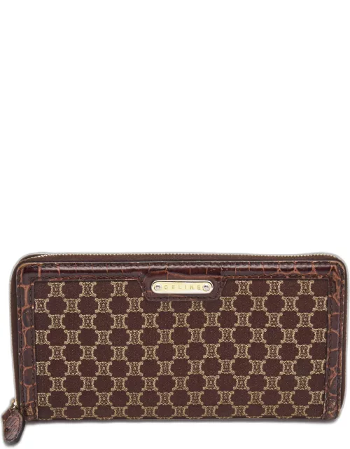 Celine Brown Macadam Canvas and Croc Embossed Leather Zip Around Continental Wallet