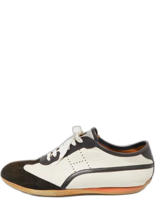 Hermes White/Brown Leather and Suede Low Top Sneaker
