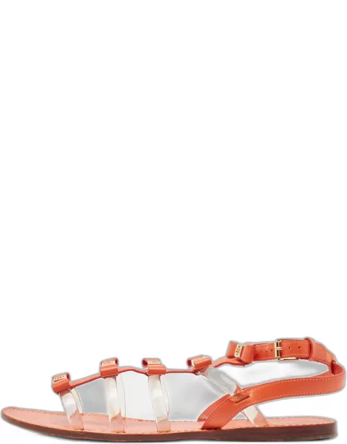 Tory Burch Orange Leather and PVC Kira Bow Flat Sandal