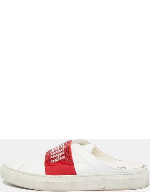 Phillip Plein White/Red Leather Crystal Embellished Logo Sneaker Mule
