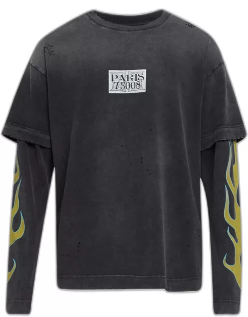 Men's Faded Double-Layer Flame T-Shirt