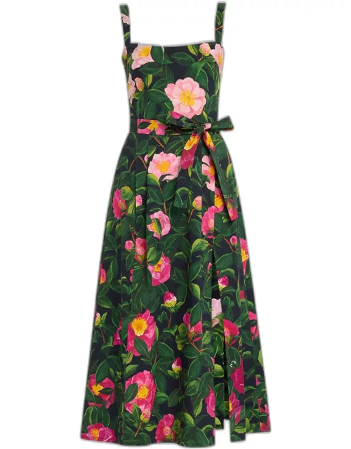 Camellias-Print Belted Slit-Hem Poplin Midi Dres
