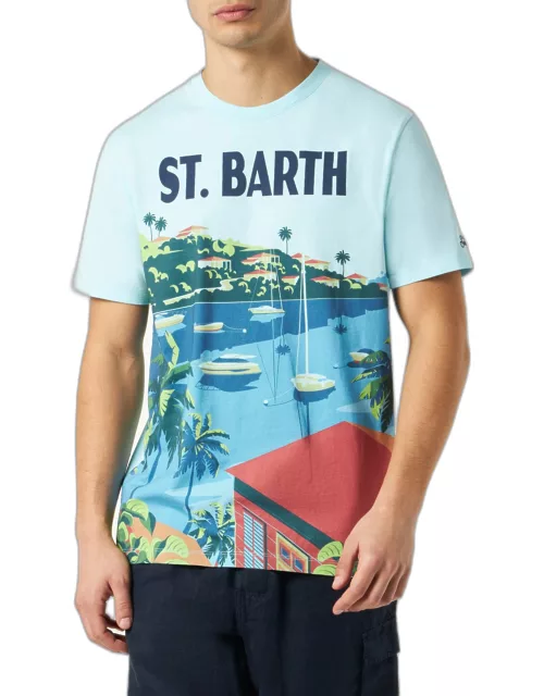 MC2 Saint Barth Man Cotton T-shirt With Saint Barth Postcard Print