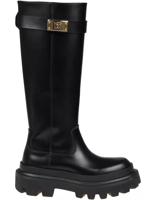 Dolce & Gabbana Leather Boots With Logoed Plaquee