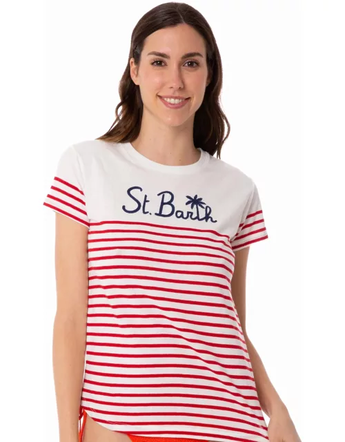 MC2 Saint Barth Red Striped Cotton T-shirt With St. Barth Embroidery