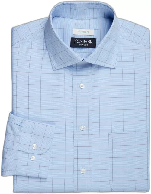 JoS. A. Bank Big & Tall Men's Traveler Collection Tailored Fit Windowpane Plaid Dress Shirt , Blue, 17 1/2 36