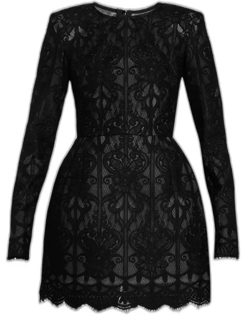 Casey Long-Sleeve Fit-&-Flare Lace Mini Dres