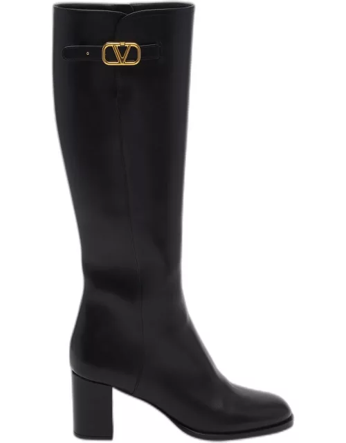 Leather Knee High Boots with V Logo