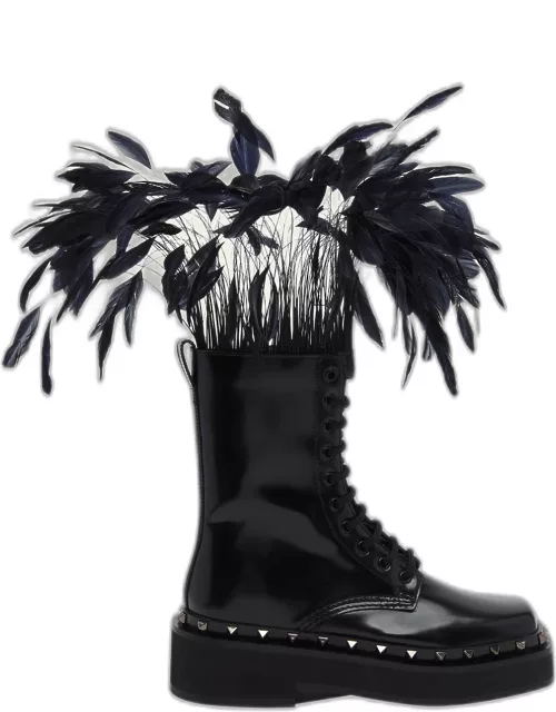 Rockstud Patent Leather Combat Boots with Feather