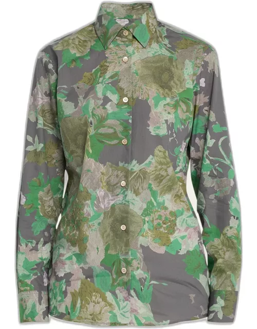 Clavelly Painted Floral Cotton Button-Front Shirt