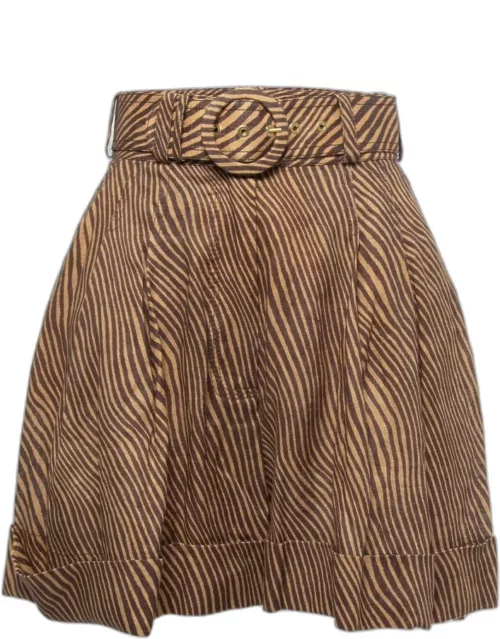 Zimmermann Brown Animal Printed Linen Belted High Waist Cuffed Shorts