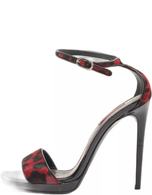 Dolce & Gabbana Black/Red Leopard Print Calf Hair Ankle Strap Sandal