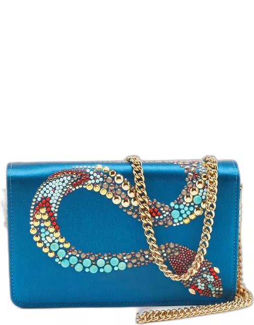 Roberto Cavalli Blue Satin and Leather Embellished Chain Clutch