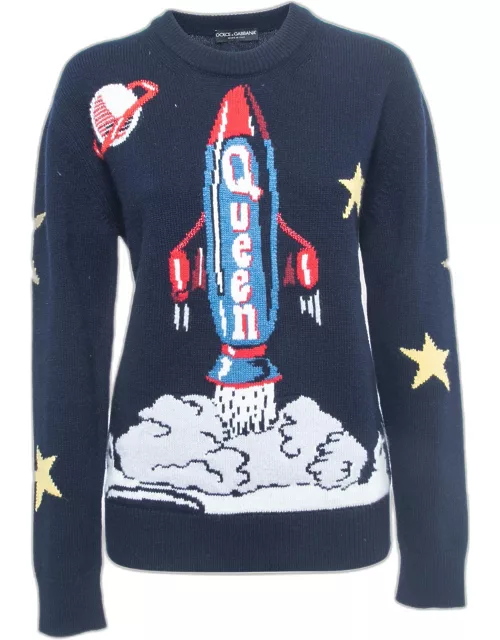 Dolce & Gabbana Navy Blue Spaceship Patterned Wool Sweater