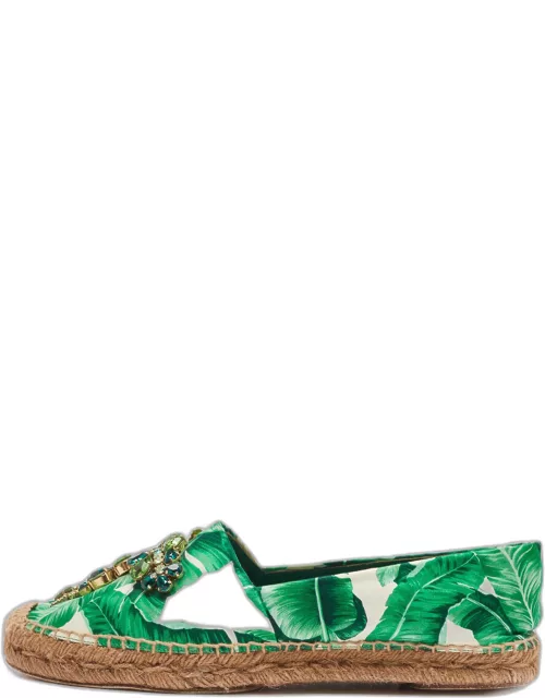 Dolce & Gabbana Green/White Floral Print Satin Embellished Espadrille Flat