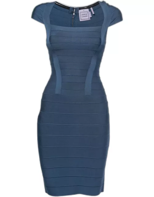 Herve Leger Blue Bandage Knit Cap Sleeve Bodycon Dress