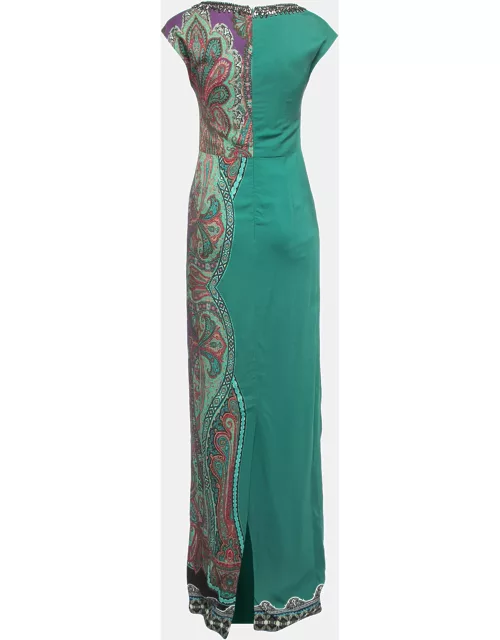 Etro Green Paisley Printed Crepe Embellished Maxi Dress