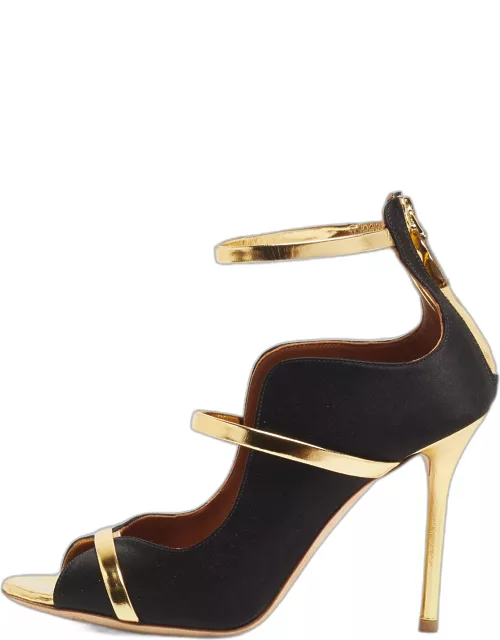 Malone Souliers Gold/Black Satin and Leather Mika Triple Band Sandal