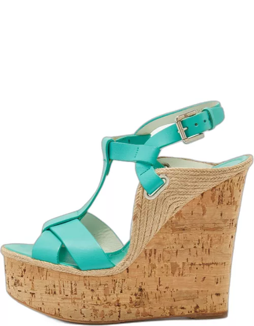 Ralph Lauren Turquoise Leather and Jute Cork Wedge Ankle Strap Sandal