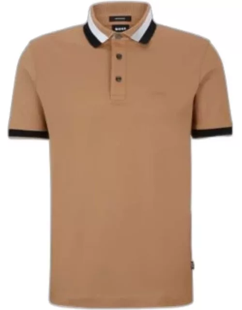 Mercerized-cotton polo shirt with signature-stripe collar- Beige Men's Polo Shirt