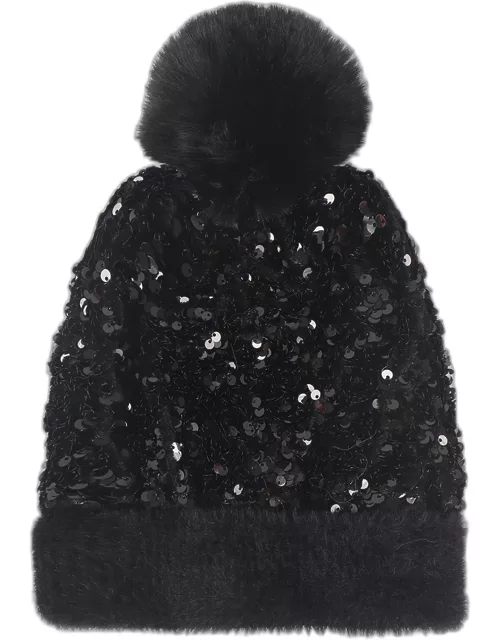 Kiaro Sequin Velvet Hat With Faux Fur Po