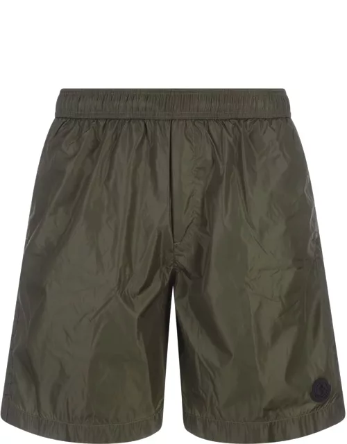Moncler Military Green Swim Shorts With Logo Patch