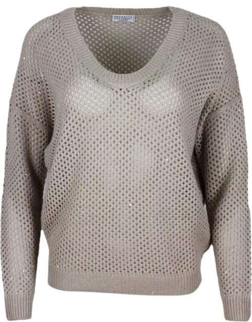 Brunello Cucinelli V-neck Sweater In Cashmere And Silk With Mesh Processing Embellished With Micro Sequin