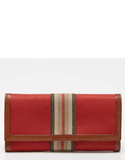 Burberry Red/Brown Nylon and Leather Stripe Flap Continental Wallet