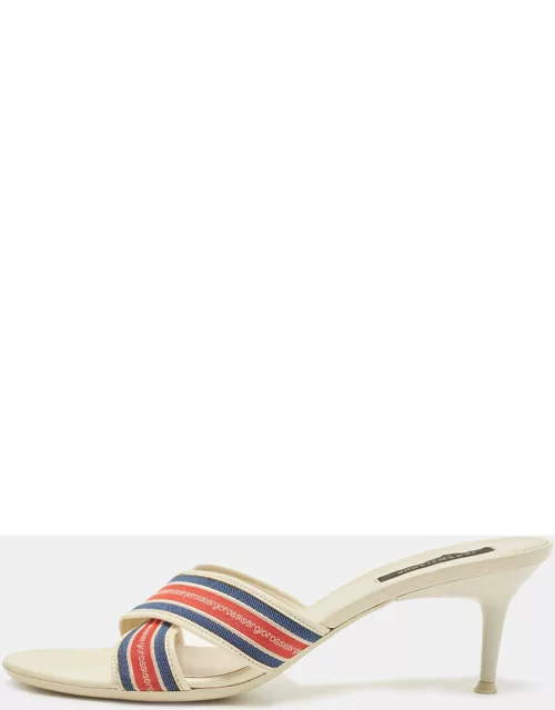 Sergio Rossi White Fabric and Leather Logo Cross Strap Slide Sandal