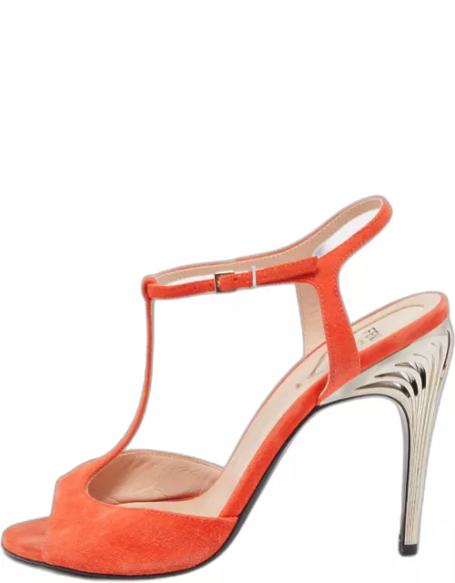Fendi Orange Suede T-Bar Ankle Strap Sandal