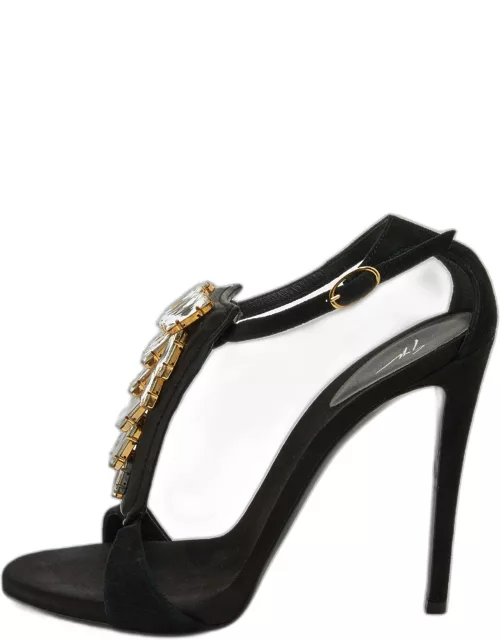 Giuseppe Zanotti Black Suede Crystal Embellished Ankle Strap Sandal