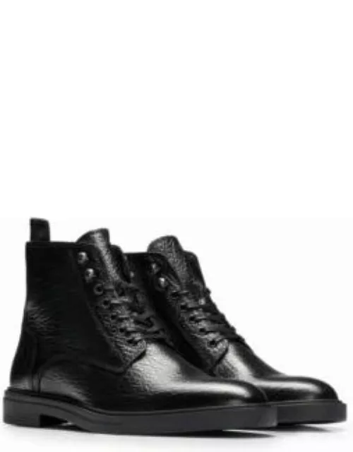 Lace-up half boots in grained leather with zip- Black Men's Boot