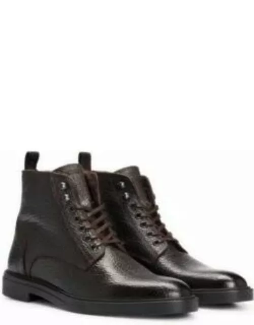 Lace-up half boots in grained leather with zip- Dark Brown Men's Boot