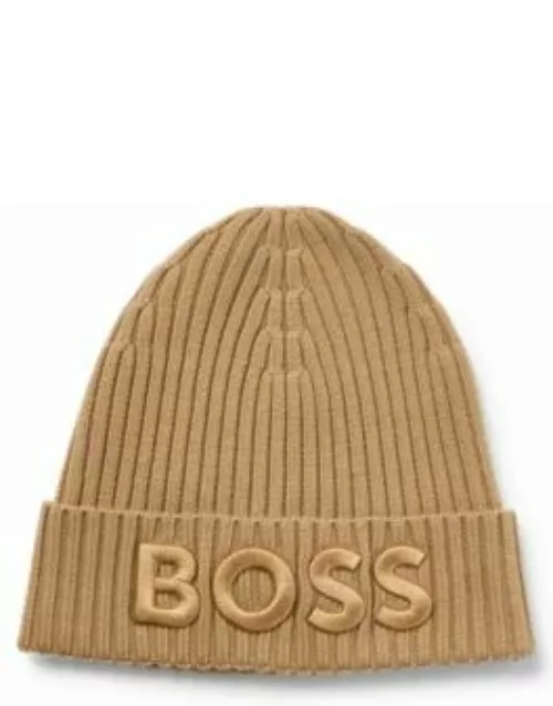 Logo-embroidered rib-knit beanie hat in virgin wool- Beige Women's Hats and Glove