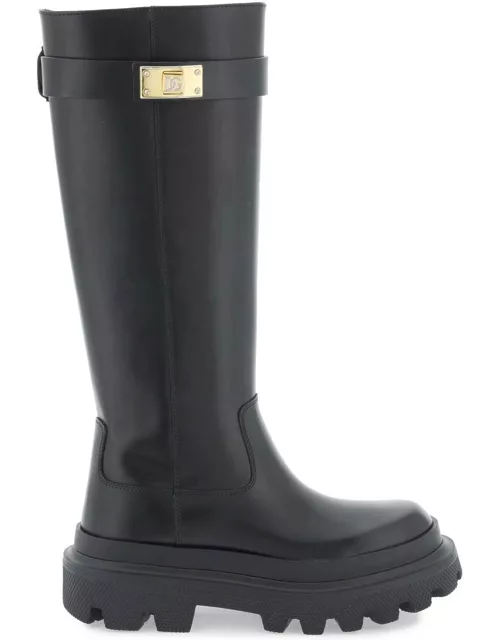 DOLCE & GABBANA Leather boots with logoed plaquee